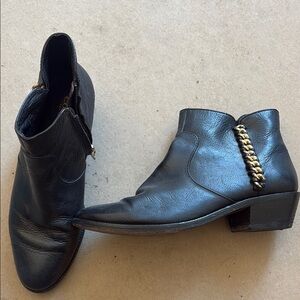 Black Leather Ankle Boots with Gold Chain